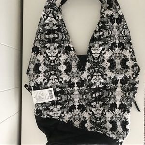 NEW Large Floral Purse Cotton with Black Leather